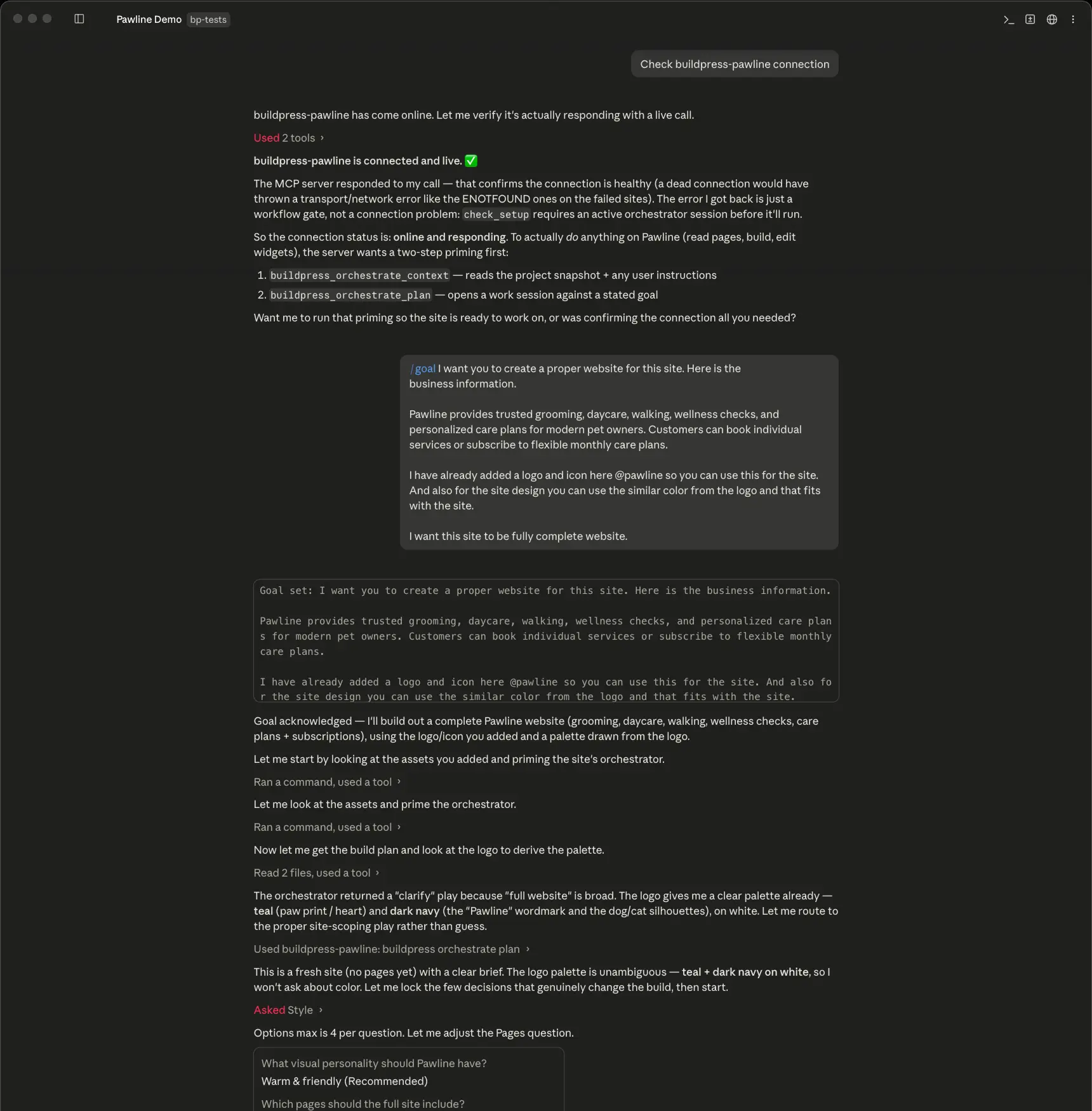 The BuildPress session: the initial job and the AI working