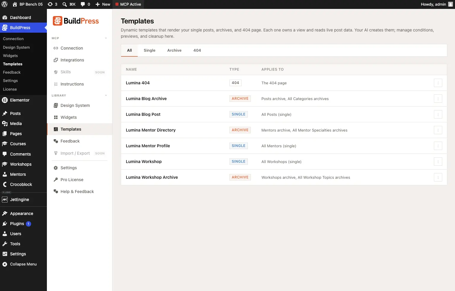 The Templates admin page, with All / Single / Archive / 404 tabs and a list of templates showing each one's type and the pages it applies to.