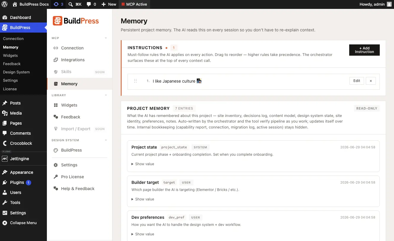 The Memory admin page, showing the Instructions list at the top and the Notes & preferences section below it.