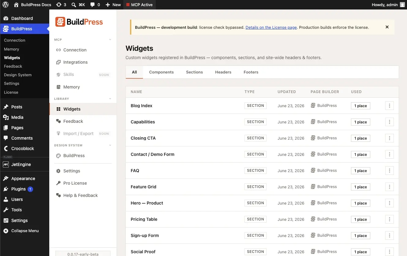The Widgets admin page, showing the All / Components / Sections / Headers / Footers tabs and a grid of saved widgets with no cap meter.
