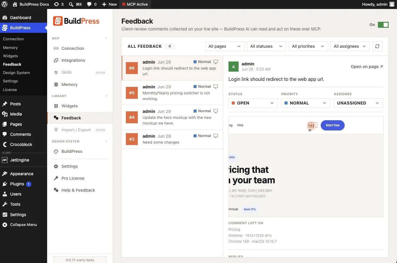 The BuildPress Feedback screen: a list of feedback on the left, the live page in a preview iframe on the right, with the Desktop / Tablet / Mobile device switcher.