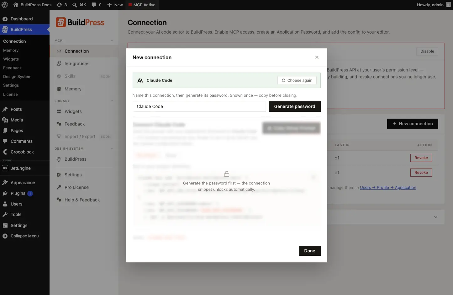 The Connection screen in wp-admin, showing the Enable MCP Access master toggle, the Read Only / Read + Write Access Mode selector, the optional Idle Timeout, and the list of saved connections.