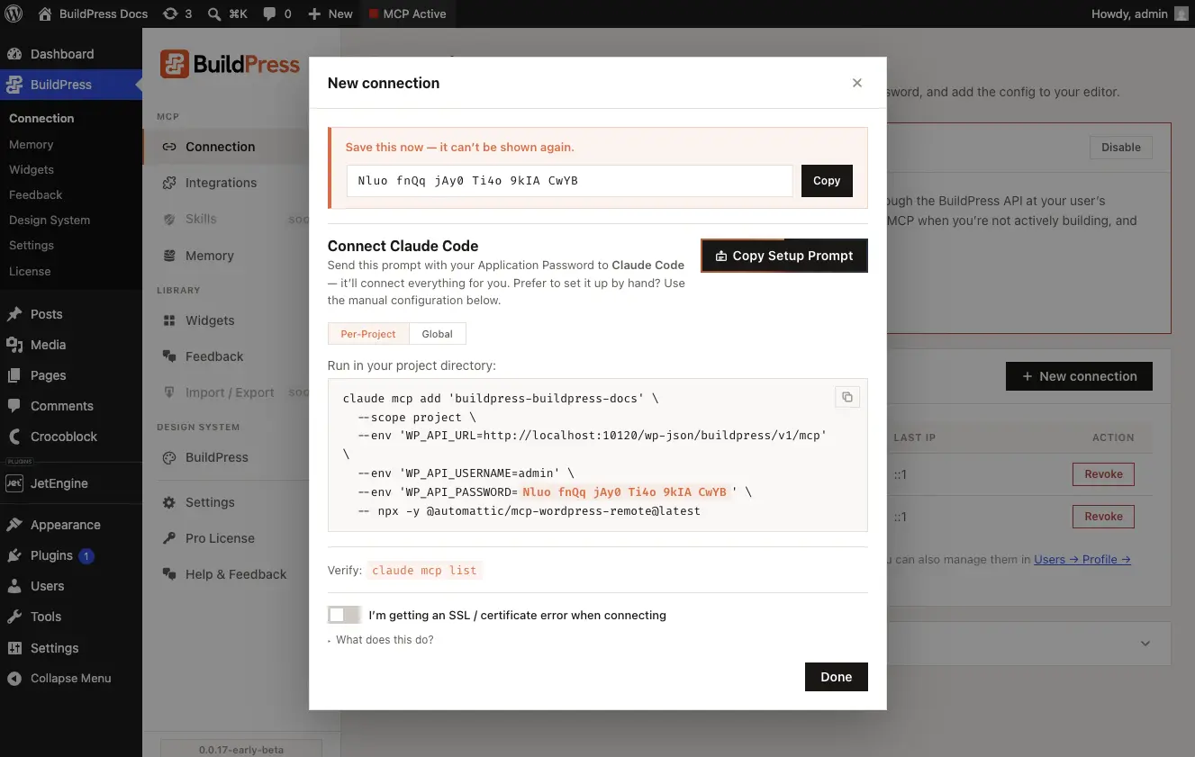 Generating an Application Password from the Connection screen: the one-time reveal with the 'BuildPress:' label and the 'Save this now, it can't be shown again' warning.