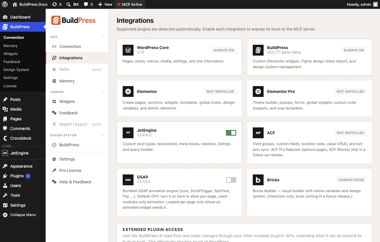 Screenshot of the WP Admin BuildPress Integrations screen, showing each integration auto-detected from the active plugins along with the GSAP and REST Passthrough toggles.