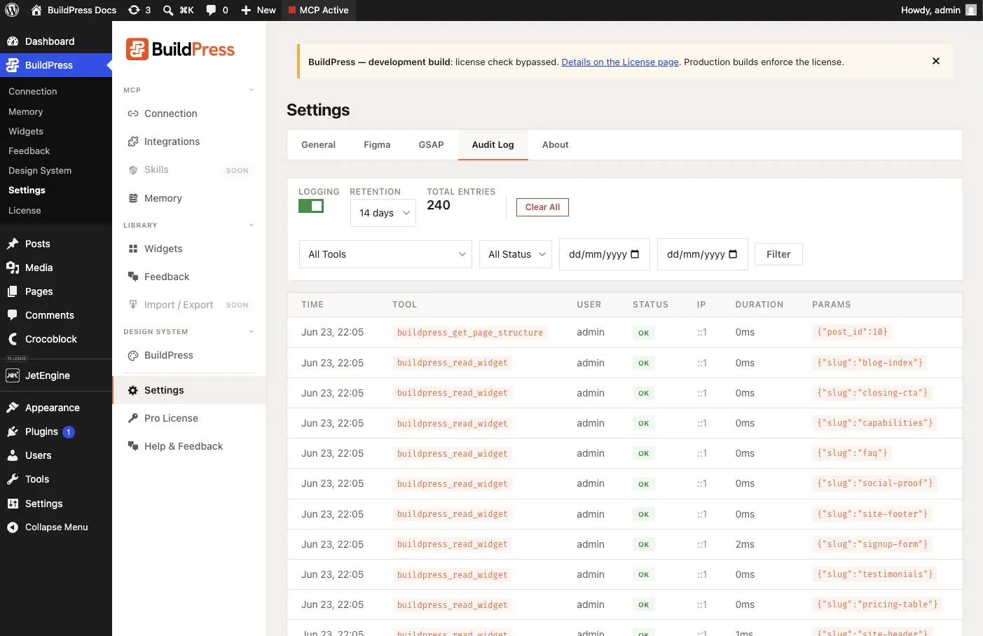 The audit log: the BuildPress Audit Log admin page showing tool name, user, timestamp, success or error status, IP, and execution time for recent MCP tool calls.