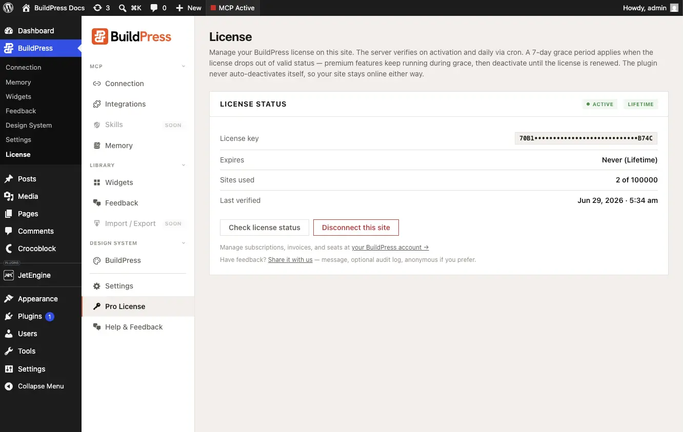 The License admin screen, showing the key field, the Activate button, and the current license status.