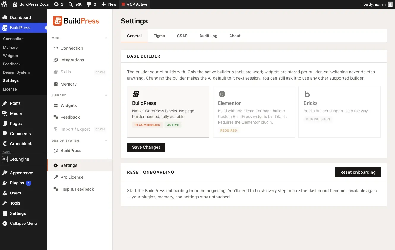 Choosing your base builder in Settings: the BuildPress Builder selected as the default, with Elementor and a disabled Bricks card alongside it.