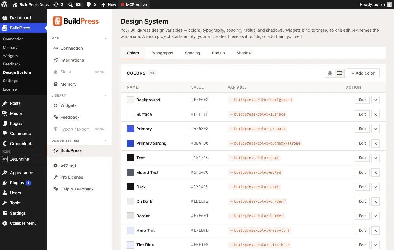 The Design System admin page, showing the canonical color and typography tokens with their names and values.